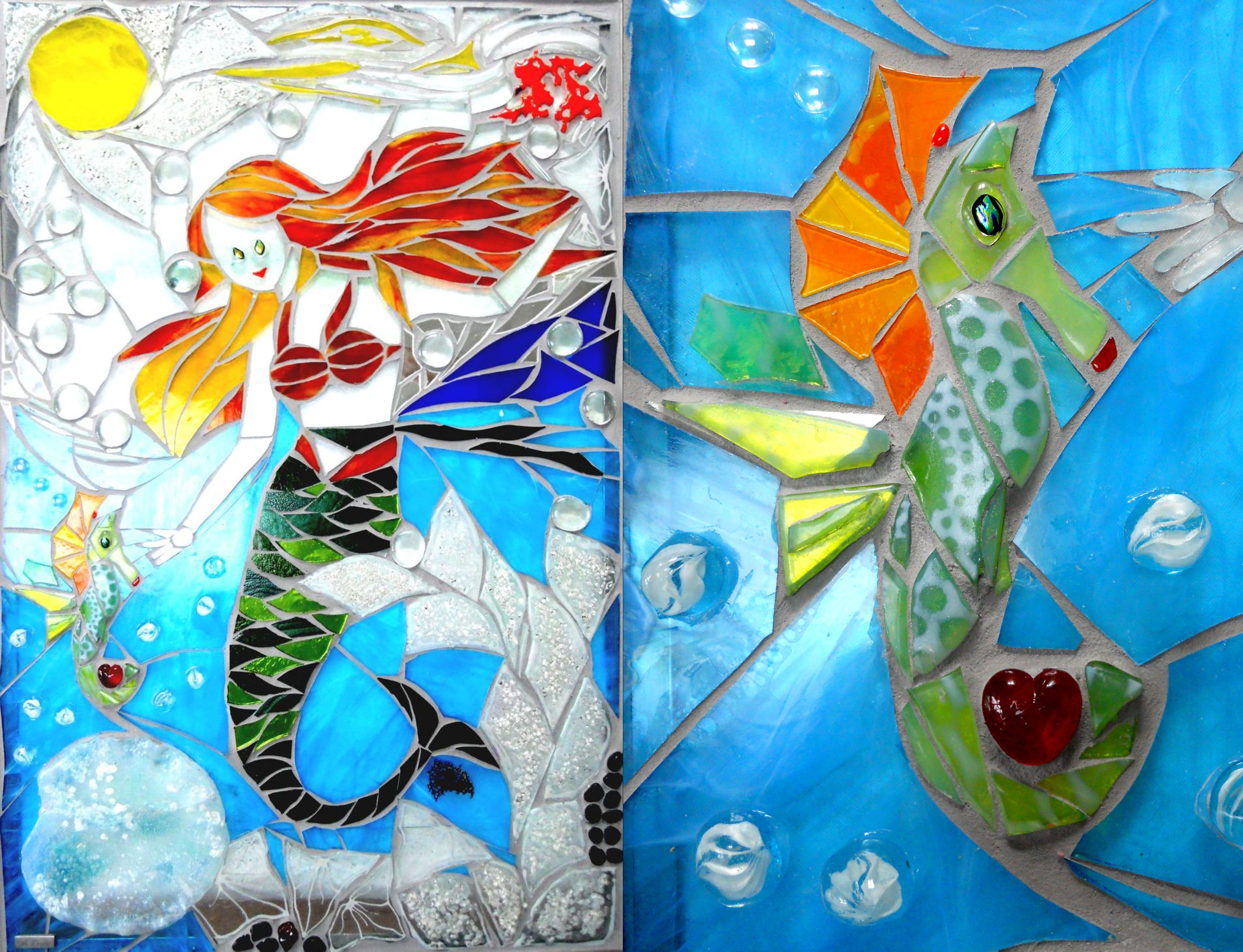 havfrue, glaskunst, den lille havfrue, glasmosaik, udendørs kunst, udendørs glaskunst,